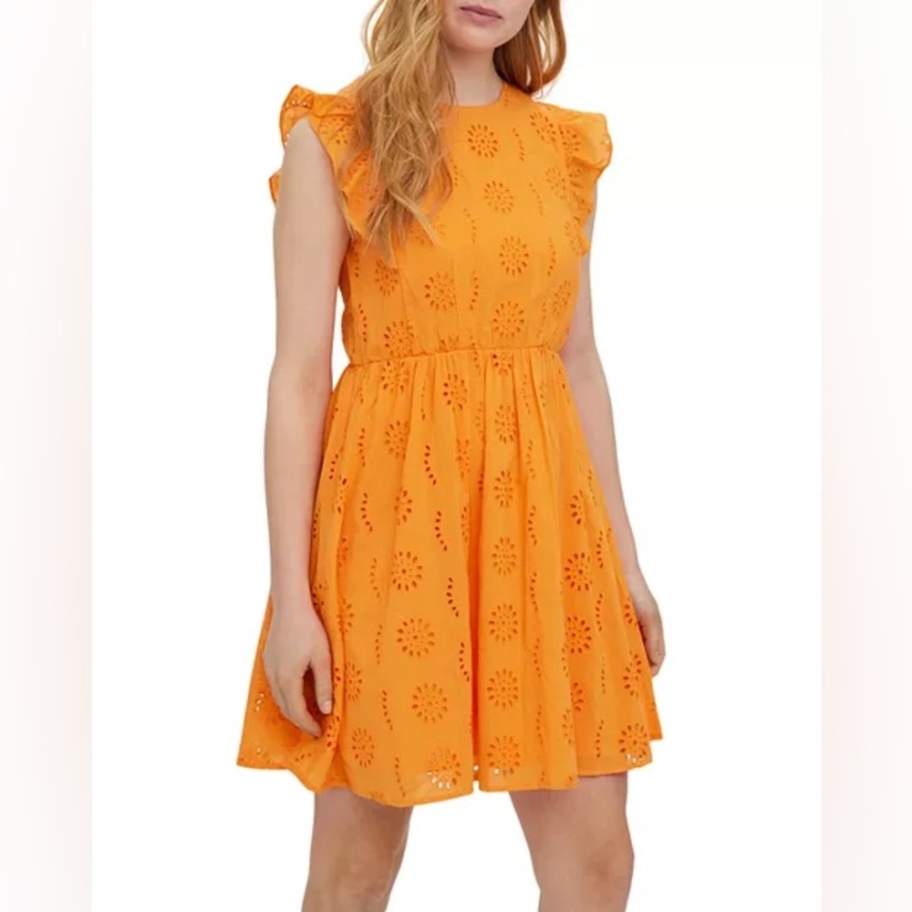 🔆 Vero Moda Orange Naima Eyelet Lace Dress – Size Small